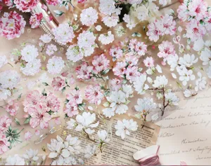 Macro detail view of iridescent shell light effect on pink cherry blossom PET floral tape.