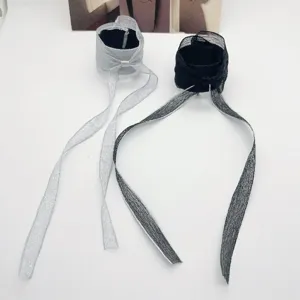 Détail de jolis nœuds pour cheveux avec de longs rubans élégants en noir et argenté brillant