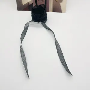 Détail d'une boucle de cheveux en maille noire avec de longs rubans argentés pour queue