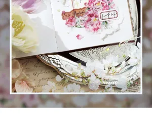 Close-up detail of floral PET tape with shell light finish applied on a journal page