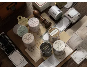 Detailed macro view of vintage-style memo tapes for DIY scrapbooking and art journaling