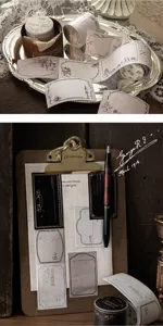 Close-up of vintage-style memo washi tape with artistic drawings and labels