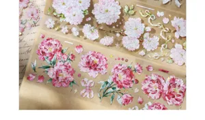 Detailed view of cherry blossom PET tape with iridescent shell light effect for journals