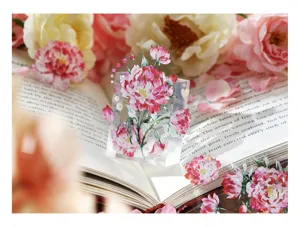 Detailed view of floral PET sticker with shell light effect on an open book background