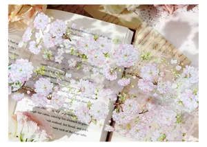 Macro detail of cherry blossom PET tape with shell light effect for journaling