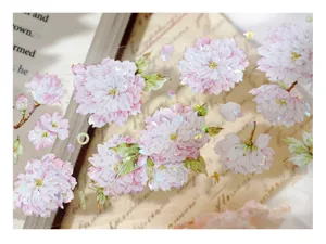 Macro detail of cherry blossom PET tape with iridescent shell light finish for journaling