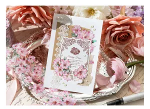 Macro detail of cherry blossom PET tape used on a decorative vintage greeting card.