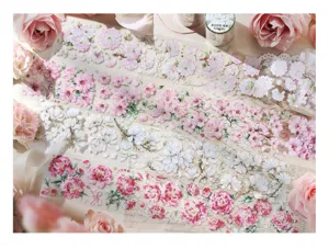 Detailed view of pink and white floral PET tape with iridescent shell light effect