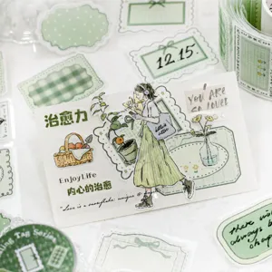 Vintage grüne Heilungsetiketten Serie Aufkleber und Washi Tape für kreative Journal-Deko