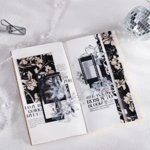 Ästhetisches schwarz-weißes Blumen-Glitzer-Washi-Tape für Journaling und Scrapbooking-Deko