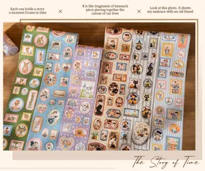 Détail de six rouleaux de ruban adhésif washi avec cadres photo vintage et motifs