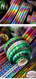 Close-up of holographic warning line series washi tapes with colorful iridescent finish