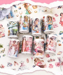 Close-up of PET tape rolls featuring vibrant watercolor character and lifestyle motifs