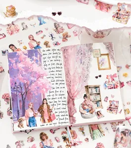 Detail of pink PET tape set with character and lifestyle stickers on a journal spread
