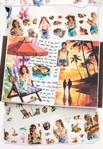 Artistic collage detail of summer beach PET stickers applied to a decorative diary page