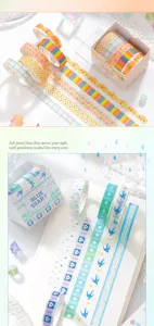Détails du lot de rubans adhésifs SIMNO aux motifs pastels colorés et boîte cadeau.