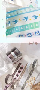 Gros plan d'un ensemble de rubans washi dépolis avec motifs de lapins et d'étoiles