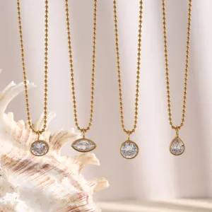 Minimalist Stainless Steel Ball Chain Necklace With Oval Marquise Teardrop Rhinestone Pendant Gold Plated Jewelry Gift For Women