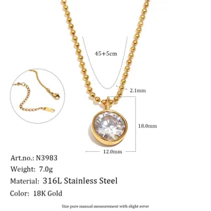 Detailed view of stainless steel necklace with large cubic zirconia pendant and specs