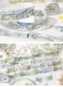 Ruban washi paysage de timbres avec bords scintillants découpés pour le journal