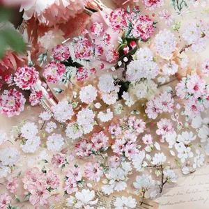 Iridescent floral PET stickers with cherry blossom and peony patterns for journaling.