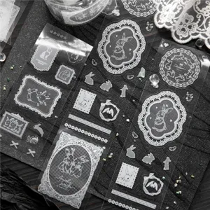 Exquisite white lace PET stickers with rabbit motifs for DIY vintage journal decoration