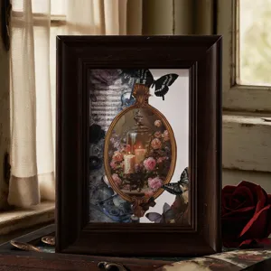 Vintage dark phantom butterfly stickers displayed in a rustic wooden frame collage.
