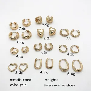 Detailed view of various gold-toned alloy hoop and stud earrings with weight labels