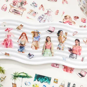 Decorative PET stickers featuring stylish female characters and lifestyle elements.