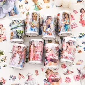 Artistic PET tape set with fashion character illustrations for DIY scrapbooking decor.