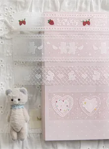 Nahaufnahme von weißen Spitzen-Dekobändern mit Erdbeermustern für das Scrapbooking