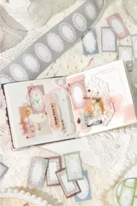 Close-up view of vintage lace border washi tape used in creative junk journal DIY decor