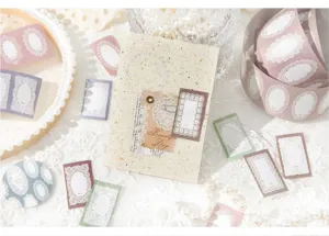 Close-up of vintage lace border washi tape stickers for DIY scrapbooking deco.