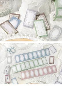 Detailed macro view of vintage lace border stickers for DIY journaling material