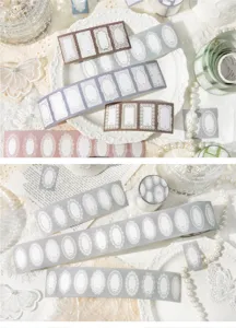 Close-up of vintage lace border washi tape for DIY journaling and crafts