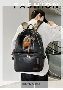 Retro black soft leather backpack on male model showing large capacity for commute