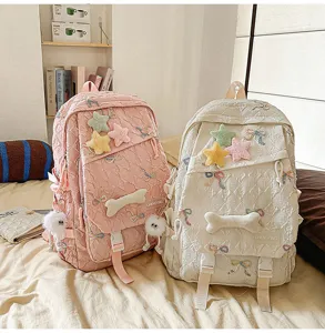 Linda mochila escolar acolchada con bordado de lazo y adornos de estrellas para niñas