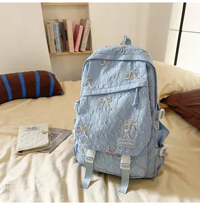 Vista detallada de una mochila acolchada azul claro con patrones de lazos bordados.