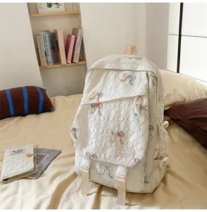 Vista de estilo de vida de una mochila blanca acolchada con lazos bordados.