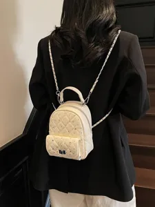 Chic mini quilted rhinestone backpack with elegant chain strap in cream white for women