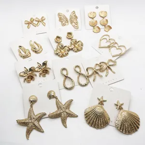 Exaggerated Gold Alloy Ocean Theme Stud Earrings For Women Vintage Geometric Starfish Shell Flower Heart Butterfly Earrings Sweet Cool Jewelry