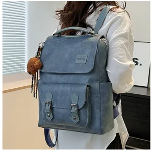 Zaino vintage in pelle PU blu per studentesse con un simpatico ciondolo a orsetto
