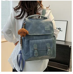 Zaino vintage in pelle PU blu-grigio per donna con simpatico portachiavi a forma di cane