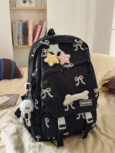 Lindo Mochila Bordada Con Lazo Para Niñas Bolsa Escolar De Nailon De Gran Capacidad Con Colgante De Peluche