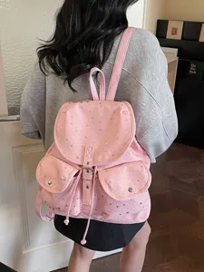 Chic pink backpack with silver star patterns and drawstring flap closure for women