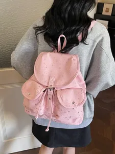 Stylish pink star patterned backpack for women with drawstring flap closure and front pockets