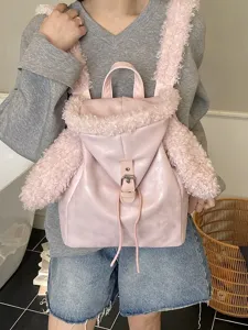 Mochila De Cuero PU Con Felpa Y Orejas De Conejo Para Mujer Otoño Invierno Gran Capacidad Bolsa Escolar De Estudiante Mochila Casual