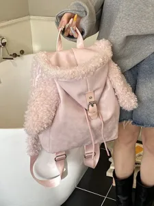 Lindo bolso rosa con orejas de conejo y ribete suave para estudiantes y uso diario