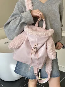 Mochila rosa de cuero sintético con orejas de conejo de peluche para estudiantes