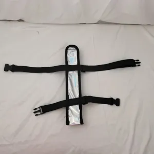 Kung fu fan storage strap, black webbing with silver reflective design, durable accessory.